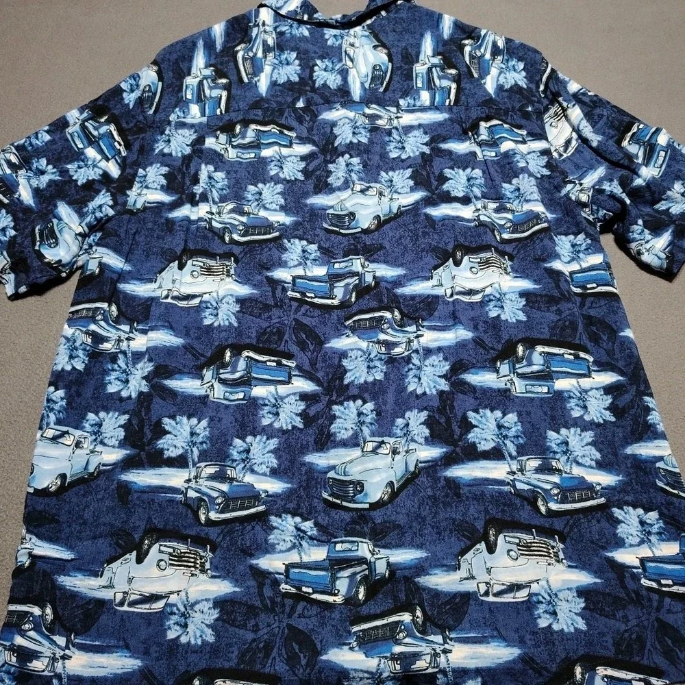 Puritan Shirt Men‎ L (42-44) Blue Vintage Trucks Rayon Island Vacation Relaxed